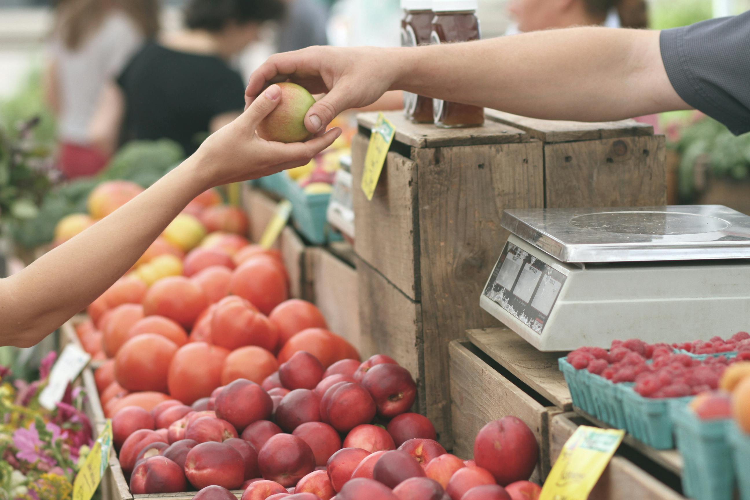 Une famille fait ses courses au rayon fruits et légumes