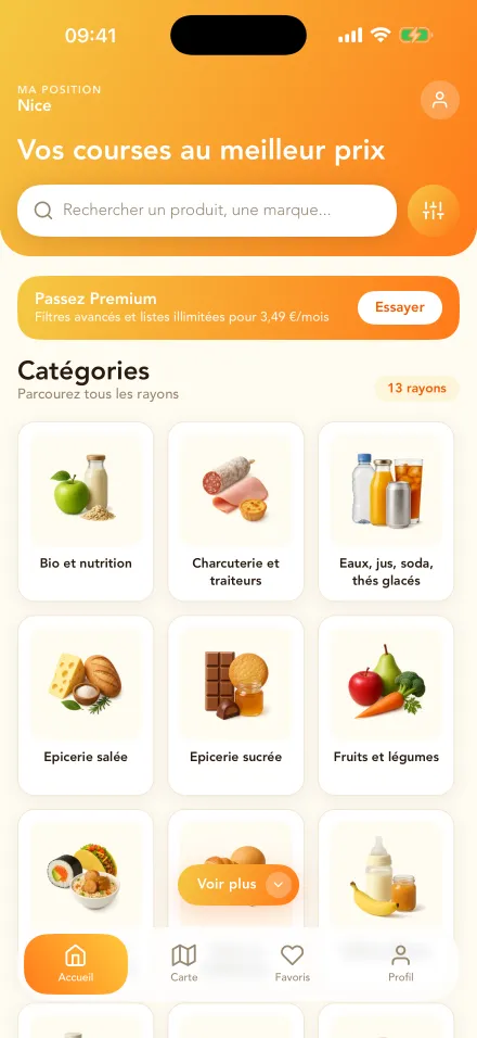 Écran d'accueil de l'application FoodChoice à Nice : « Vos courses au meilleur prix », la recherche de produits et les rayons par catégorie