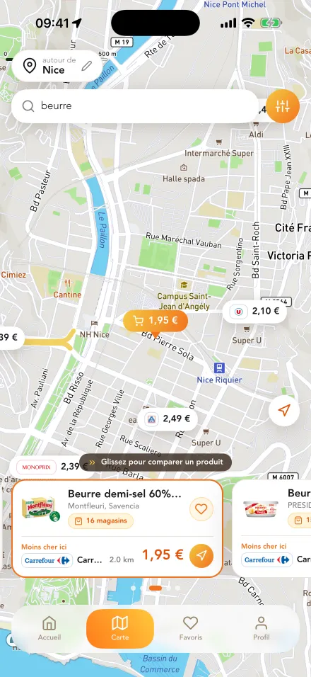 Carte de Nice dans l'application : le prix du beurre affiché sur chaque magasin, avec le moins cher, 1,95 € chez Carrefour à 2 km