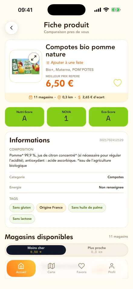 Fiche produit des compotes bio pomme nature Pom'Potes : Nutri-Score A, NOVA 1, Eco-Score A, la composition, les mentions Origine France et Sans huile de palme, et le meilleur prix repéré dans 11 magasins avec 2,65 € d'écart
