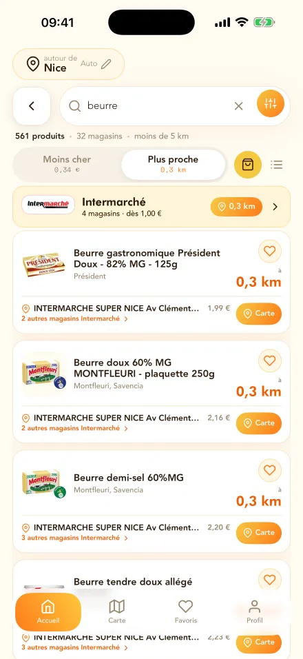Recherche « beurre » dans l'application autour de Nice : 561 produits dans 32 magasins à moins de 5 km, triés du moins cher au plus proche